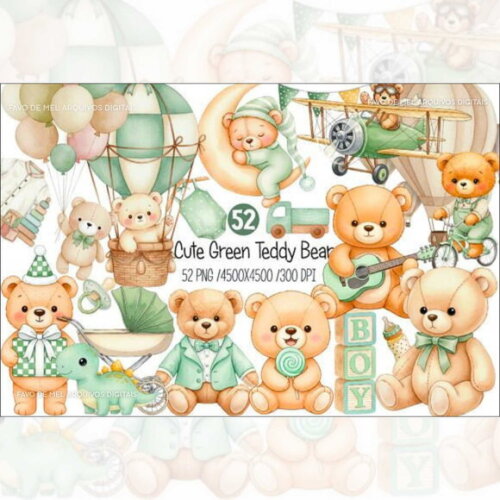 Kit Digital Ursinho Verde Aquarela #7 Png Premium