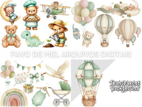 Kit Digital Ursinho Verde Aquarela #7 Png Premium