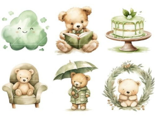 Kit Digital Ursinho Verde Aquarela | Teddy Bear (bd)