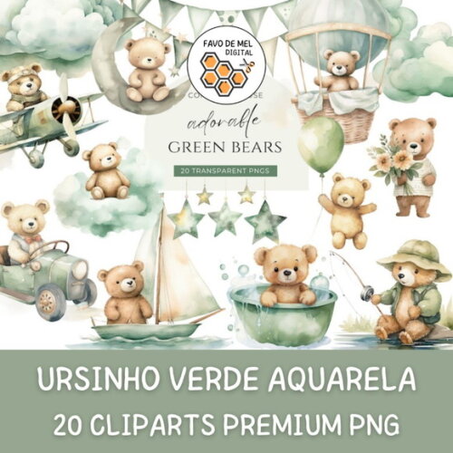 Kit Digital Ursinho Verde Aquarela Premium - Adorable Green