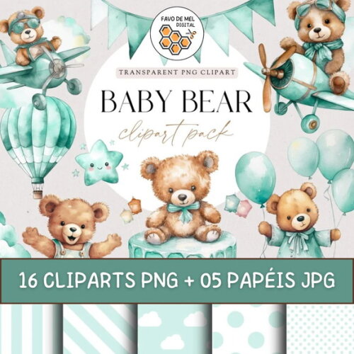Kit Digital Ursinho Verde Aquarela Premium - Green Baby Bear