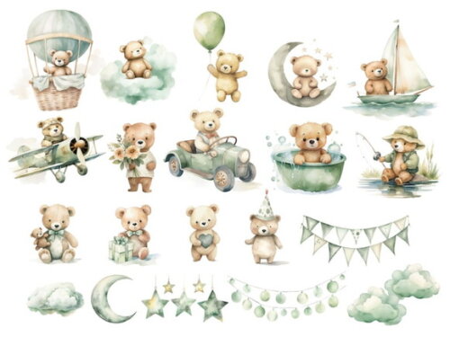 Kit Digital Ursinho Verde Aquarela Premium - Adorable Green