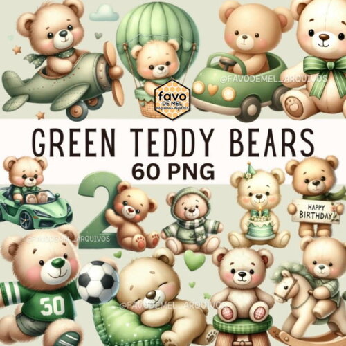 Kit Digital Ursinho Verde Aquarela Premium - Green Teddy Ddm