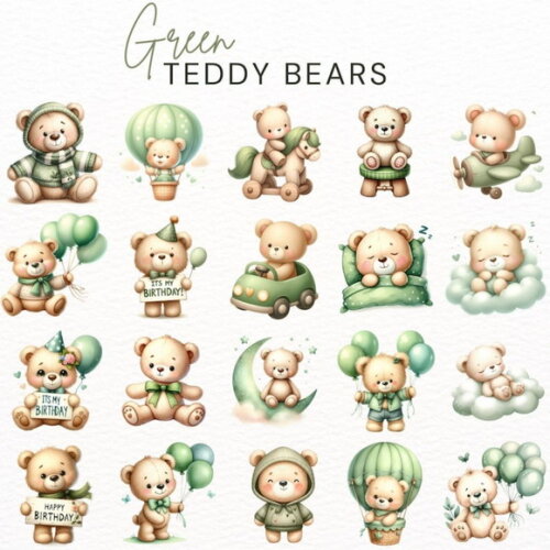 Kit Digital Ursinho Verde Aquarela Premium - Green Teddy Ddm