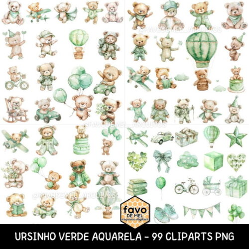 Kit Digital Ursinho Verde Aquarela Premium - Pastel Green
