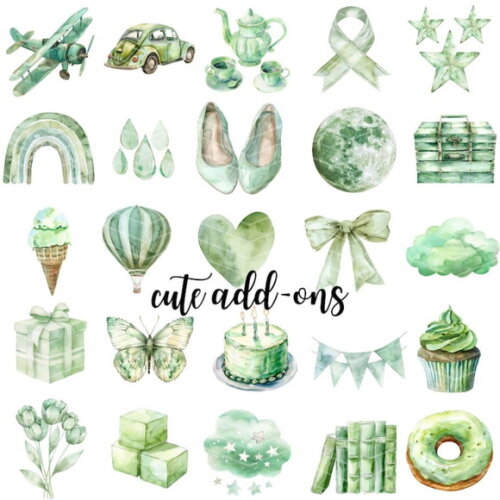 Kit Digital Ursinho Verde Aquarela Premium - Pastel Green