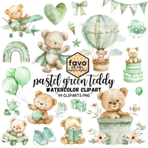 Kit Digital Ursinho Verde Aquarela Premium - Pastel Green