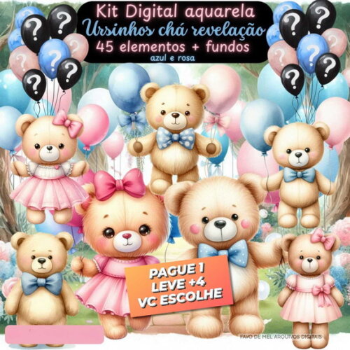 Kit Digital Ursinhos Chá Revelação - Azul e Rosa Png