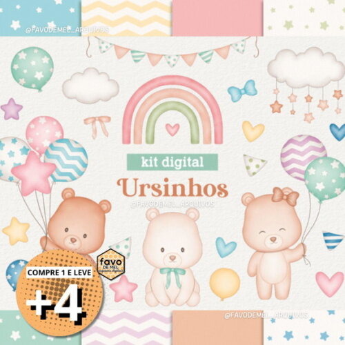 Kit Digital Ursinhos com Balões Aquarela