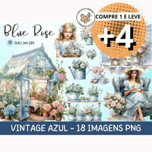 Kit Digital Vintage Rosas Floral Azul
