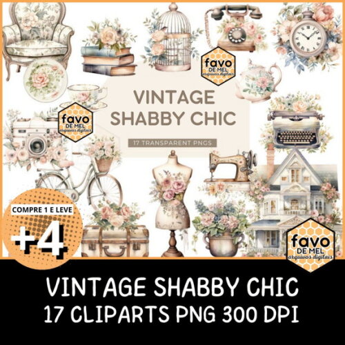 Kit Digital Vintage Shabby Chic Aquarela Cottagecore