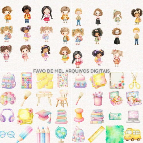 Kit Digital Volta às Aulas Aquarela #17 Png Premium