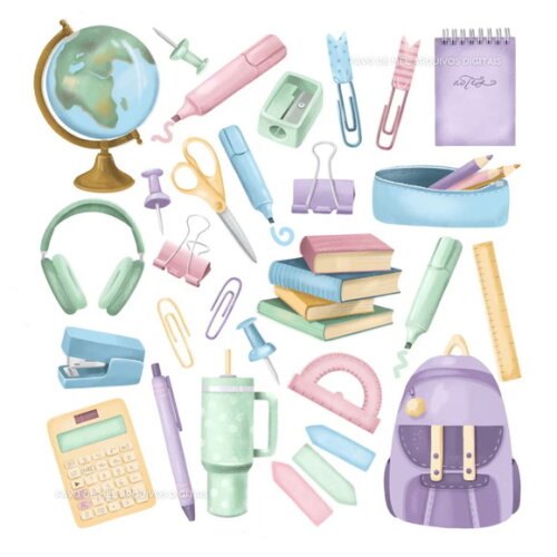 Kit Digital Volta às Aulas Aquarela #20 Png com Papéis Jpg