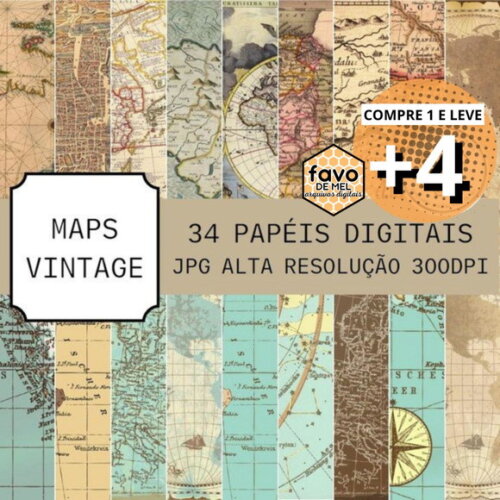 Papéis Digitais Vintage 02 - Pack 34 Mapas Vintage