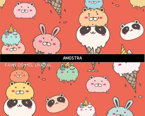 Papel Digital Animais Cute Kawaii 2 Fundo Estampa Fofa