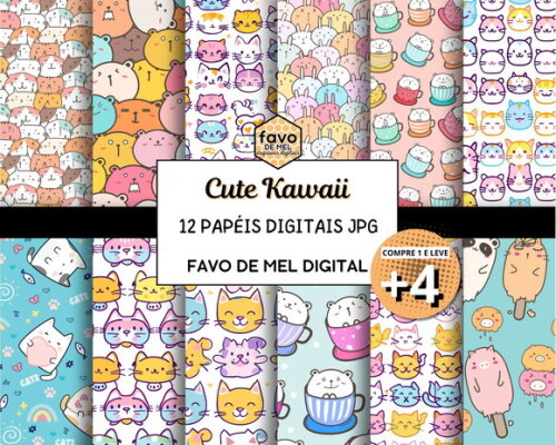 Papel Digital Animais Cute Kawaii Fundo Estampa Fofa