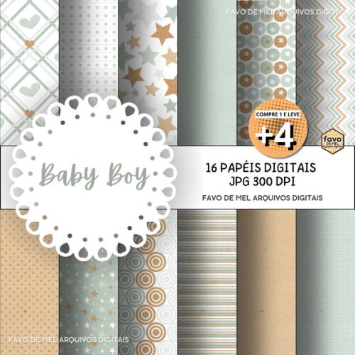 Papel Digital Baby Boy Verde e Kraft Bebê Menino Jpg