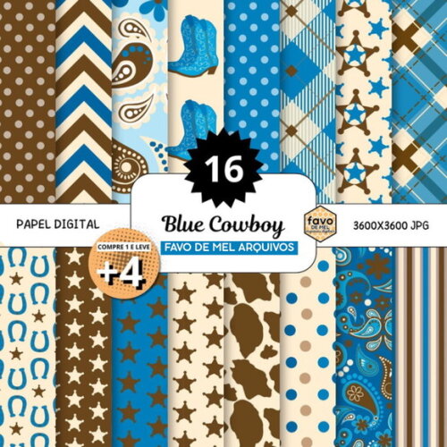 Papel Digital Blue Cowboy - Azul Marrom Vaqueiro Country