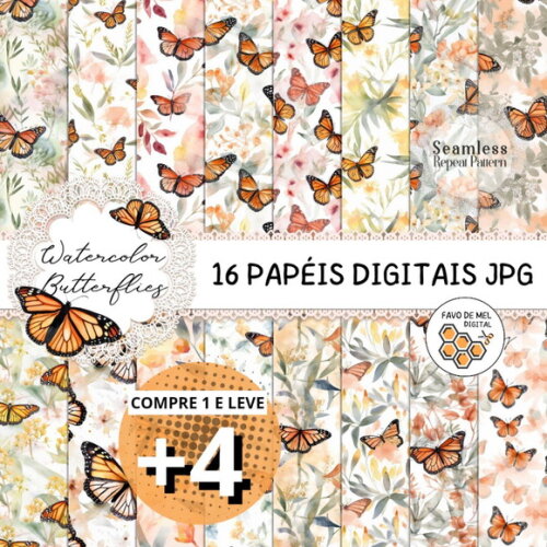 Papel Digital Borboletas Aquarela - Watercolor Butterflies