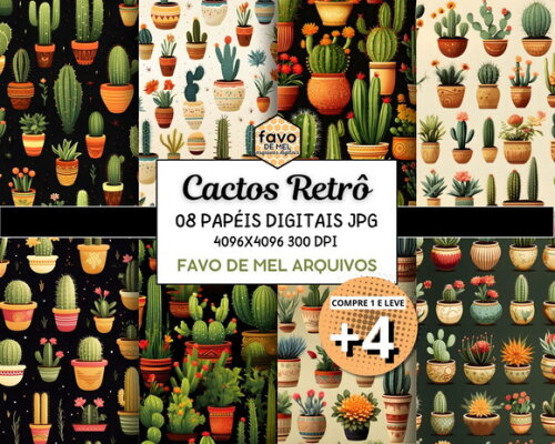 Papel Digital Cactos Retrô Jpg (pague 1 Leve +4)