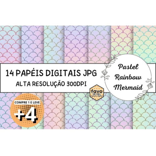 Papel Digital Cauda de Sereia - Pastel Rainbow Mermaid