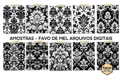 Papel Digital Damask Brasão Preto e Branco (pague 1 Leve +4)