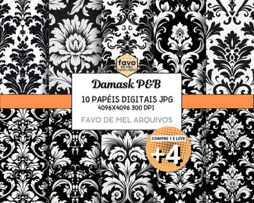 Papel Digital Damask Brasão Preto e Branco (pague 1 Leve +4)