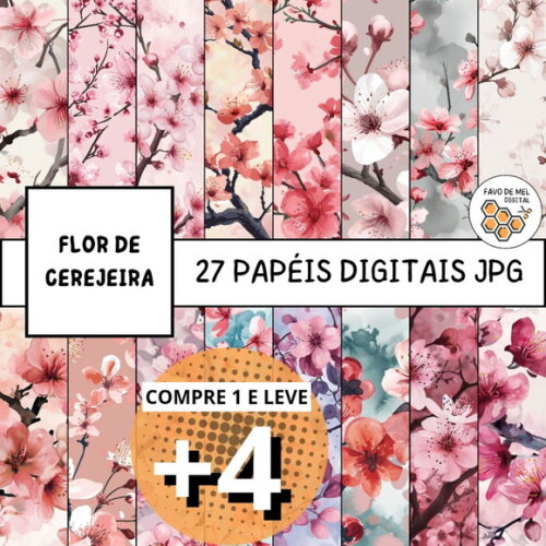 Papel Digital Flor de Cerejeira Aquarela - Cherry Blossom