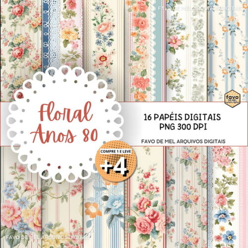 Papel Digital Floral Anos 80 Aquarela - Vintage Shabby Chic