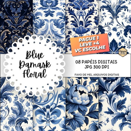 Papel Digital Floral Azul Arabescos Damask Jpg