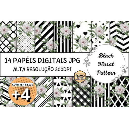 Papel Digital Floral Jardim Shabby Chic - Preto e Branco