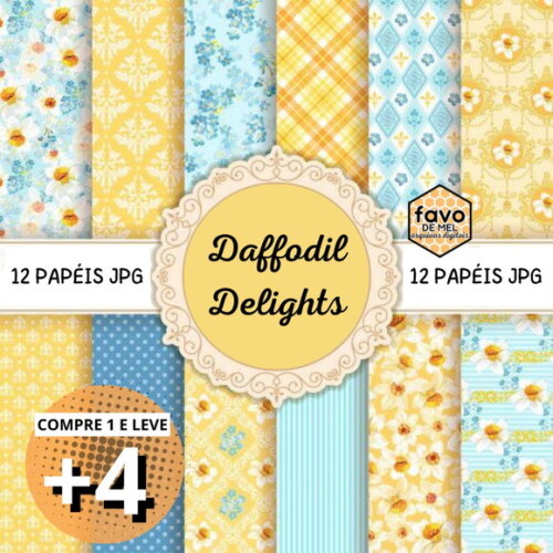 Papel Digital Floral Narcisos Azul e Amarelo - Daffodil