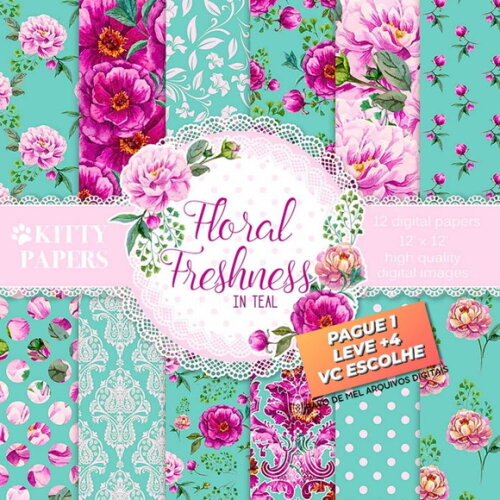 Papel Digital Floral Pink e Menta Jpg (pague 1 Leve 5)