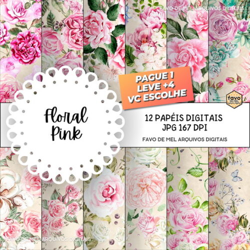 Papel Digital Floral Pink Jpg (pague 1 Leve +4)