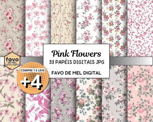 Papel Digital Floral Rosa Shabby Chic - Pink Flowers