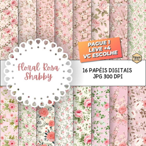 Papel Digital Floral Rosa Shabby Chic #2 Jpg (pague 1 Leve 5