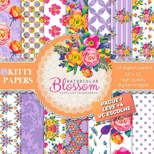 Papel Digital Floral Roxo Pink Laranja Jpg (pague 1 Leve 5)
