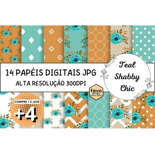 Papel Digital Floral Shabby Chic - Tifanny Teal Chevron