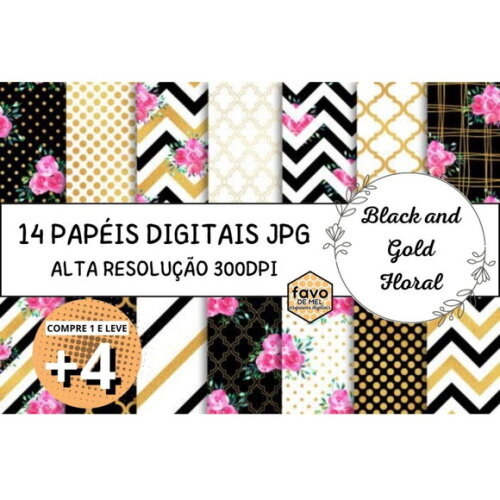 Papel Digital Floral Shabby Chic - Pink Preto e Dourado