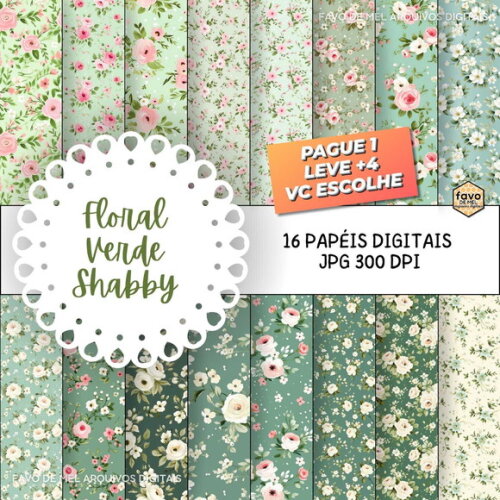 Papel Digital Floral Verde Shabby Chic Jpg (pague 1 Leve 5)