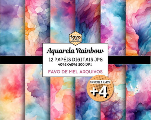Papel Digital Fundo Aquarela Rainbow (pague 1 Leve +4)