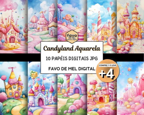 Papel Digital Fundo Candyland Mundo Doce Aquarela