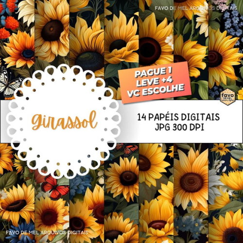Papel Digital Girassol Estampa Vibrante Jpg (pague 1 Leve 5)