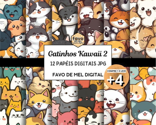 Papel Digital Jpg Gatinhos Kawaii 2 Fundo Estampa