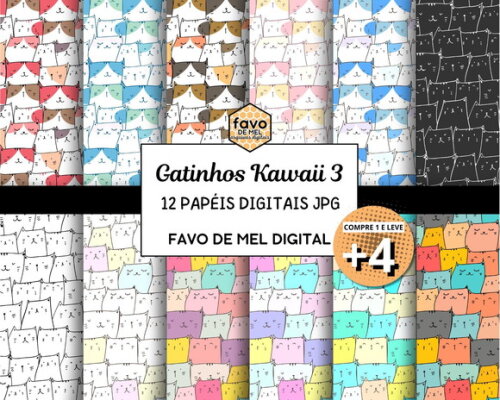 Papel Digital Jpg Gatinhos Kawaii 3 Fundo Estampa