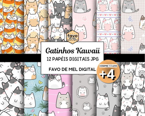 Papel Digital Jpg Gatinhos Kawaii Fundo Estampa
