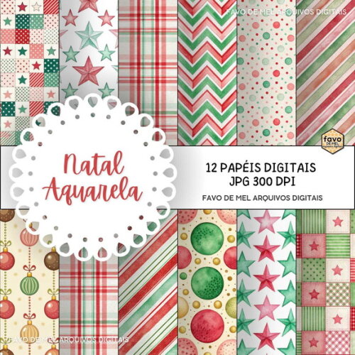 Papel Digital Natal Aquarela - Pack 12 Papéis Jpg