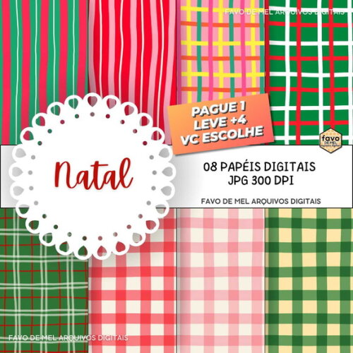 Papel Digital Natal Xadrez e Listras Jpg (pague 1 Leve 5)