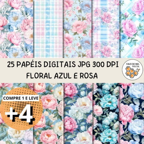 Papel Digital Rosa e Azul Floral - Rococo Pink And Blue