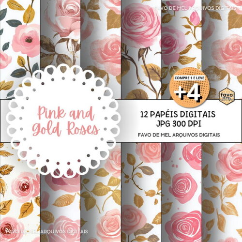 Papel Digital Rosas Delicadas Pink & Gold (pague 1 Leve +4)